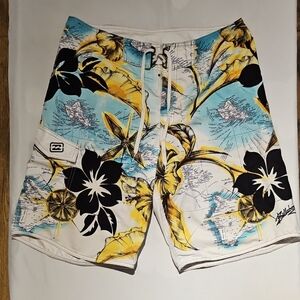 Billabong Men’s White, Blue & Yellow Floral Map Board Shorts